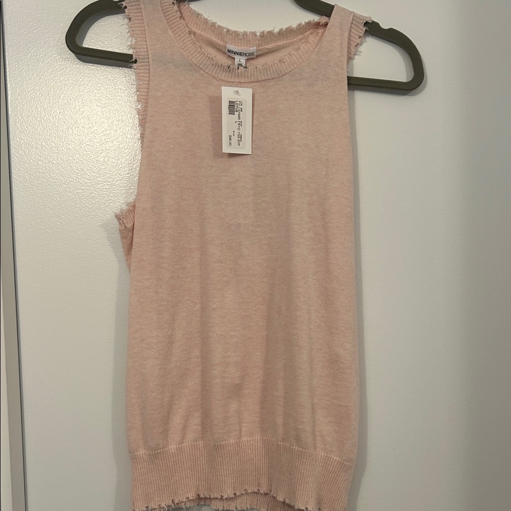 Minnie Rose Frayed Edge Knit Tank in Pale Pink